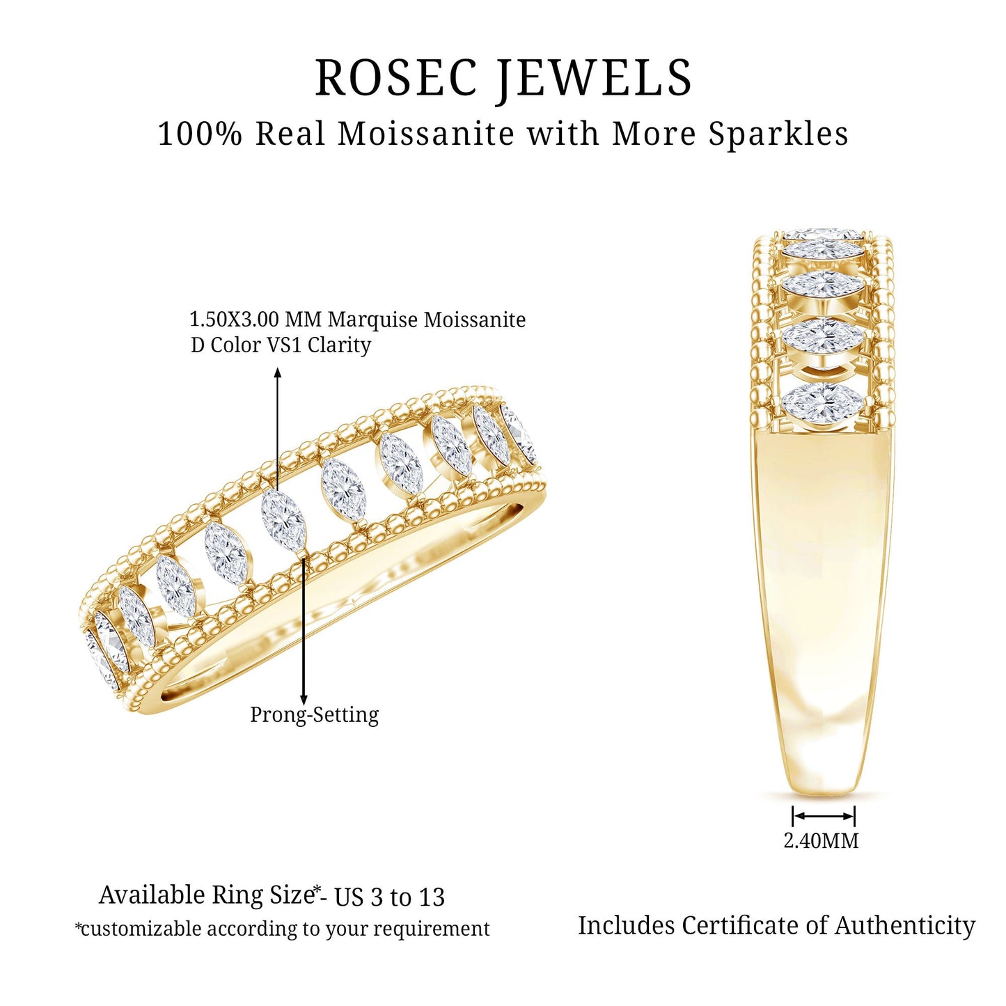 Marquise Moissanite Half Eternity Band Ring