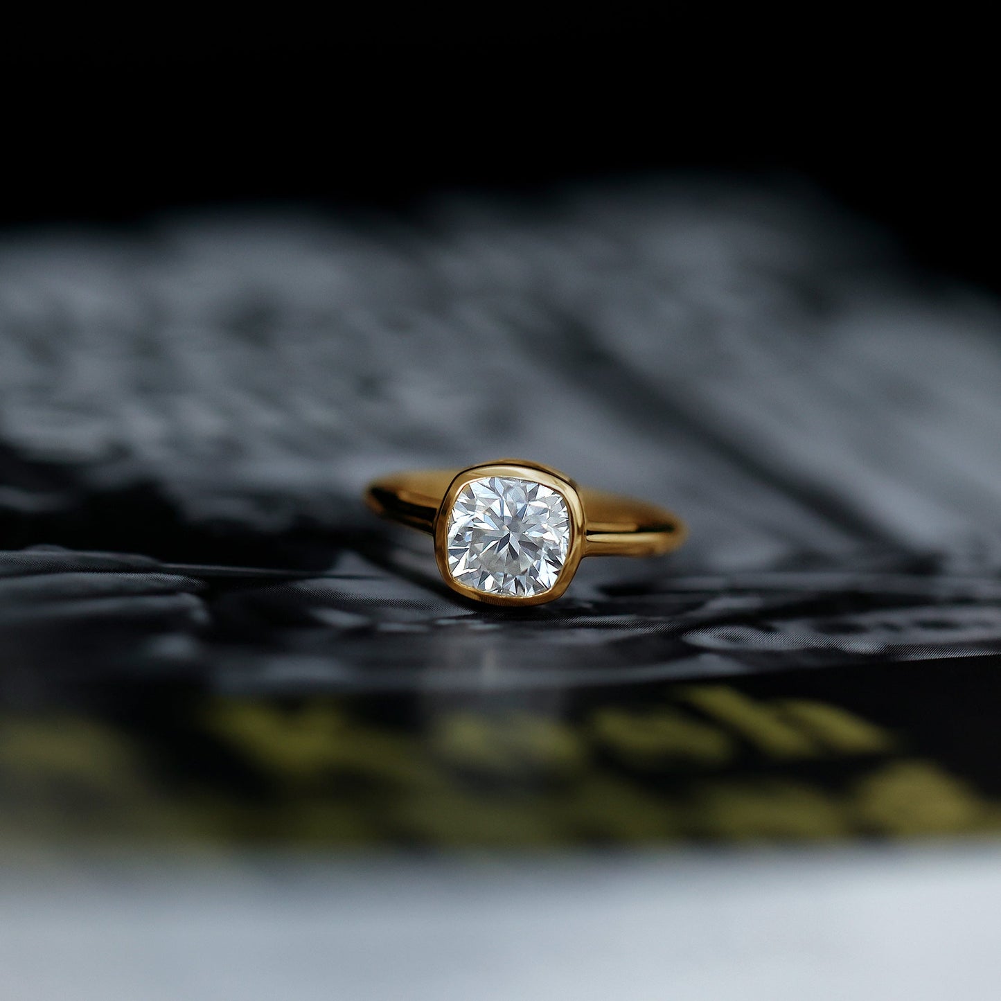 Bezel Set Cushion Cut Moissanite Solitaire Engagement Ring