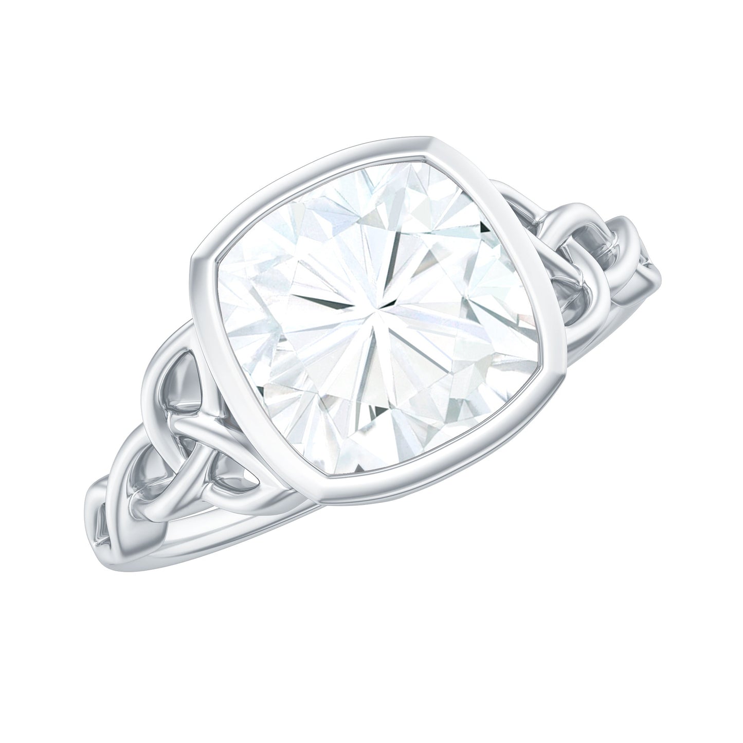 Cushion Cut Moissanite Solitaire Celtic Knot Ring in Bezel Setting