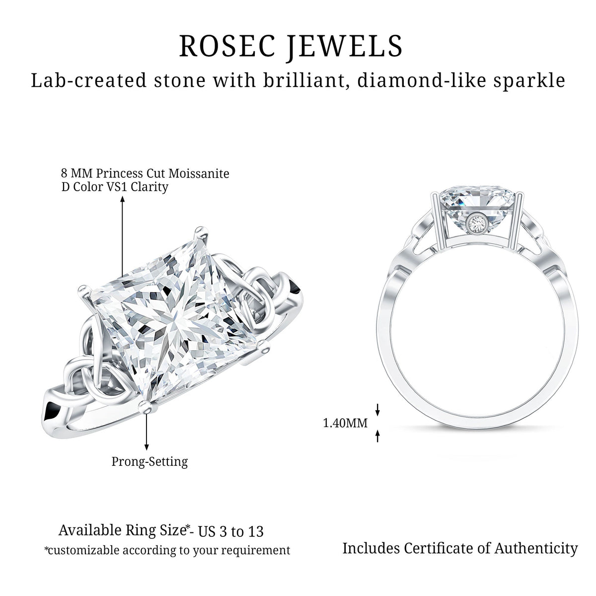 Princess Cut Moissanite Celtic Knot Engagement Ring for Women