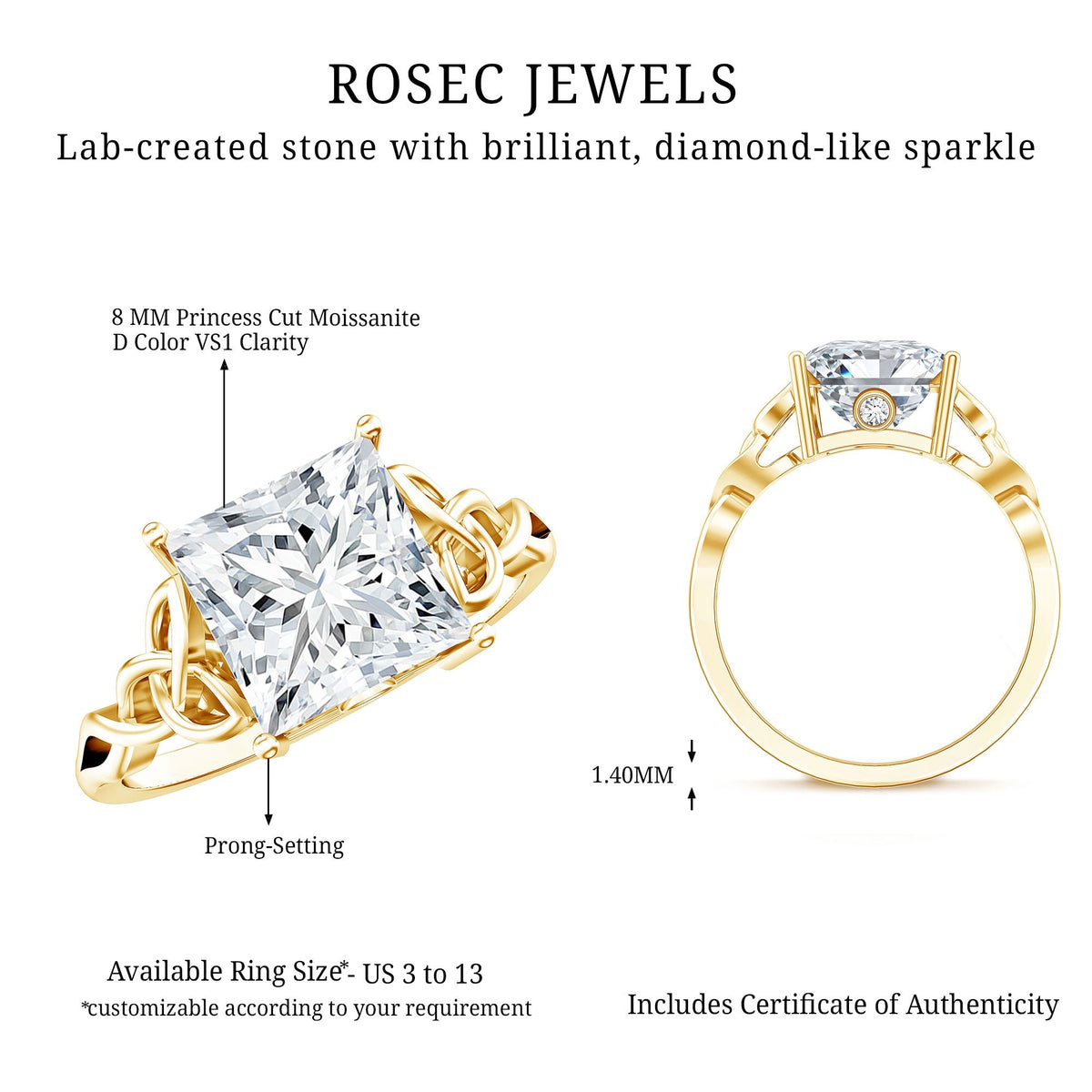 Princess Cut Moissanite Celtic Knot Engagement Ring for Women