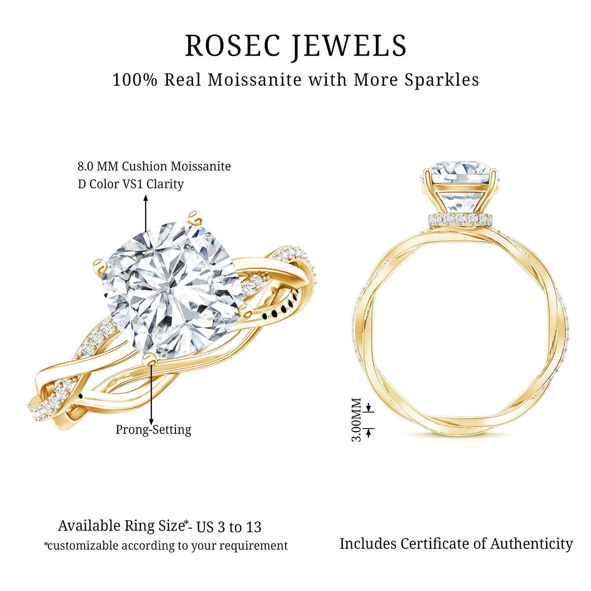 3 Carat Moissanite Cushion Cut Hidden Halo Engagement Rings