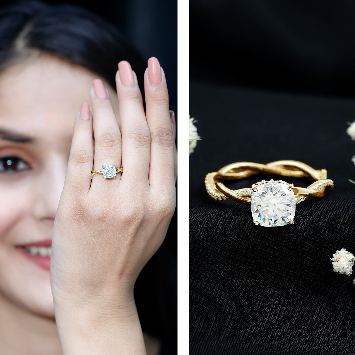 3 Carat Moissanite Cushion Cut Hidden Halo Engagement Rings