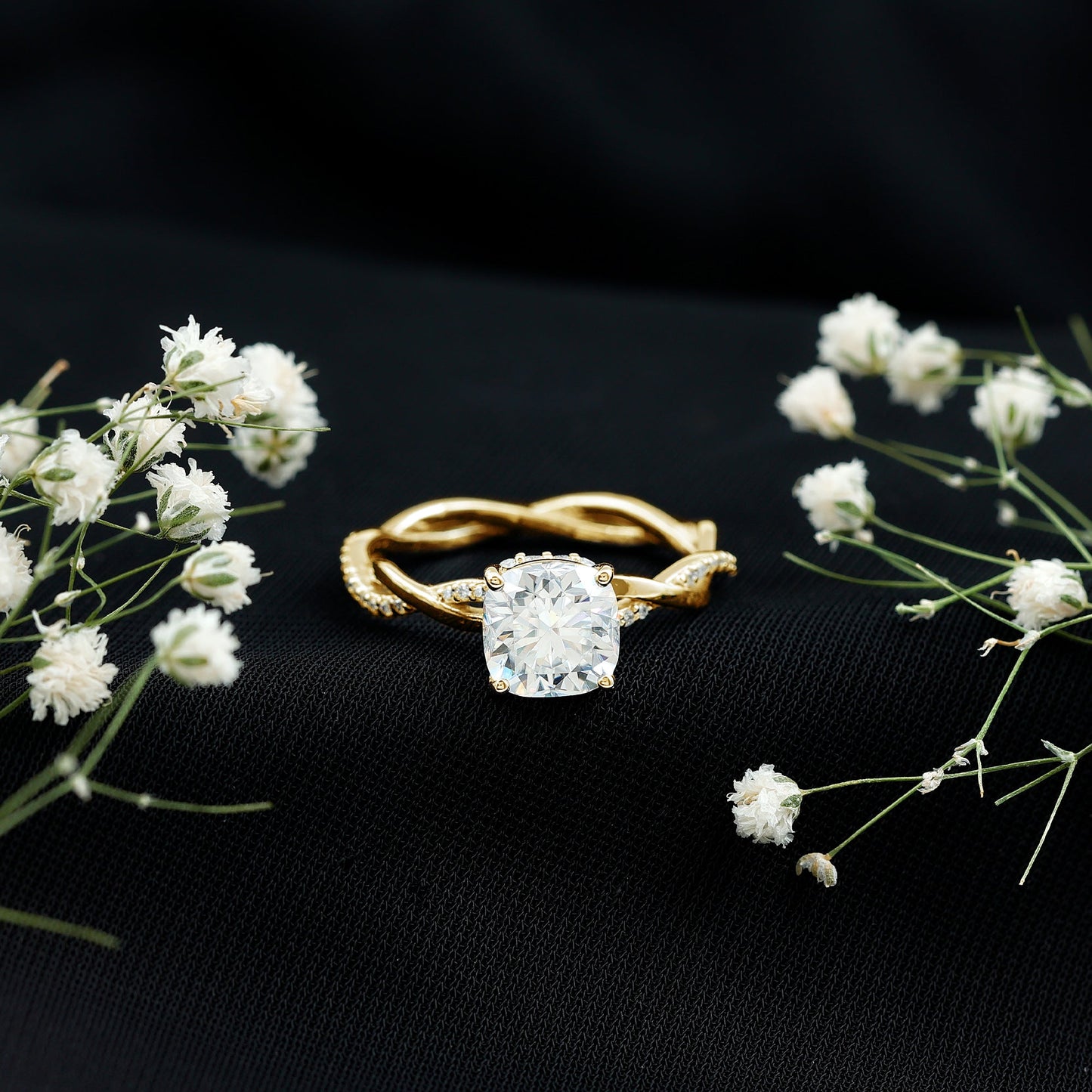 3 Carat Moissanite Cushion Cut Hidden Halo Engagement Rings