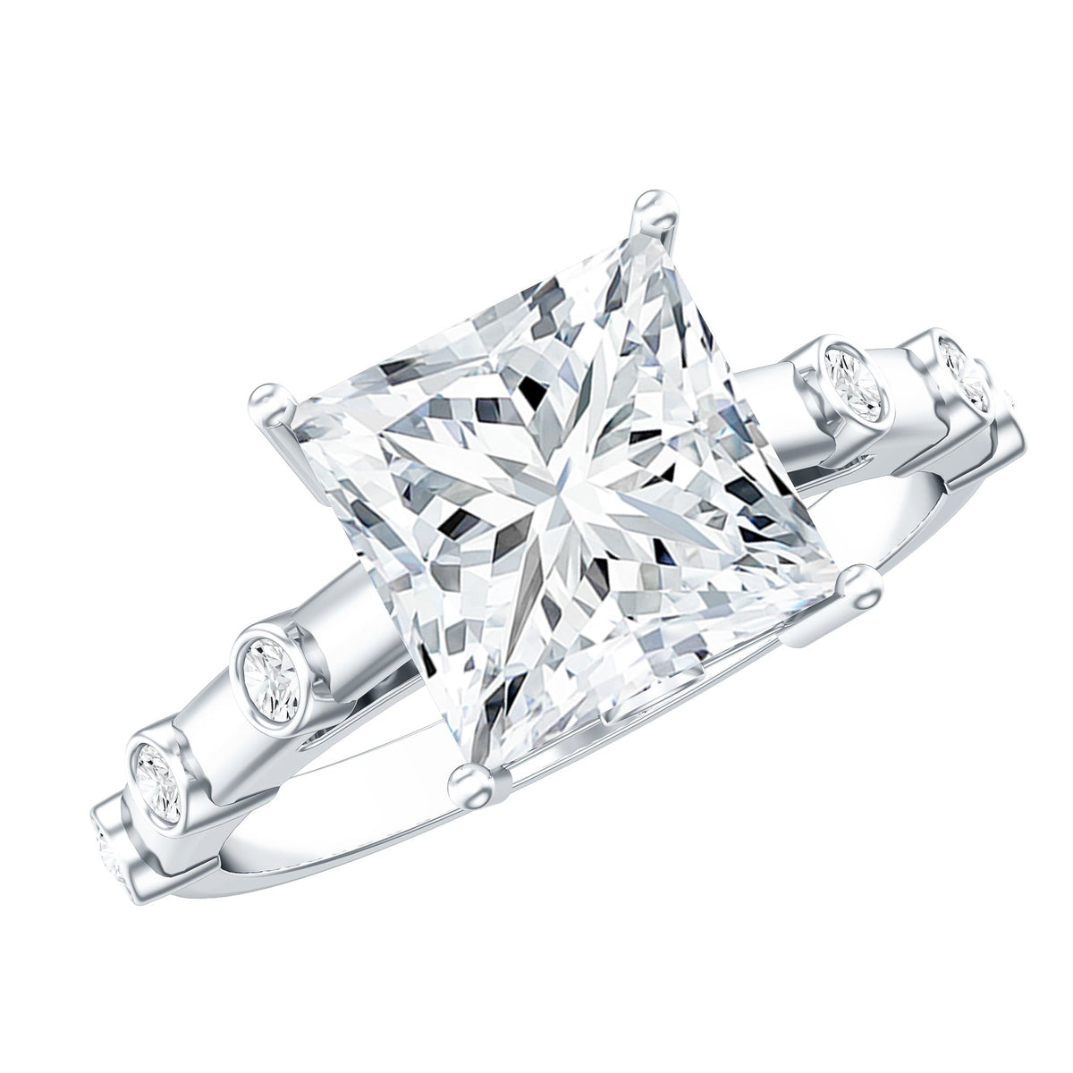 Princess Cut Moissanite Solitaire Engagement Ring with Spaced Accent