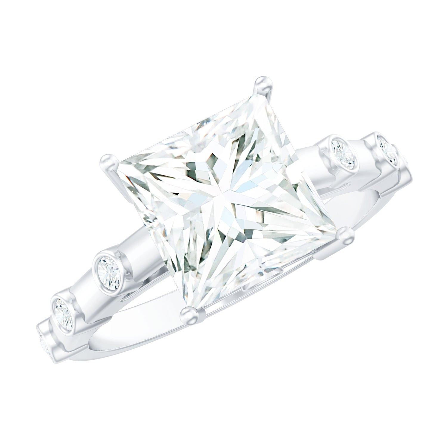 Princess Cut Moissanite Solitaire Engagement Ring with Spaced Accent