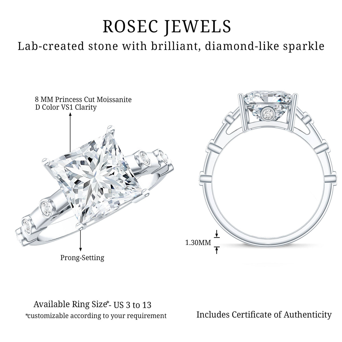 Princess Cut Moissanite Solitaire Engagement Ring with Spaced Accent