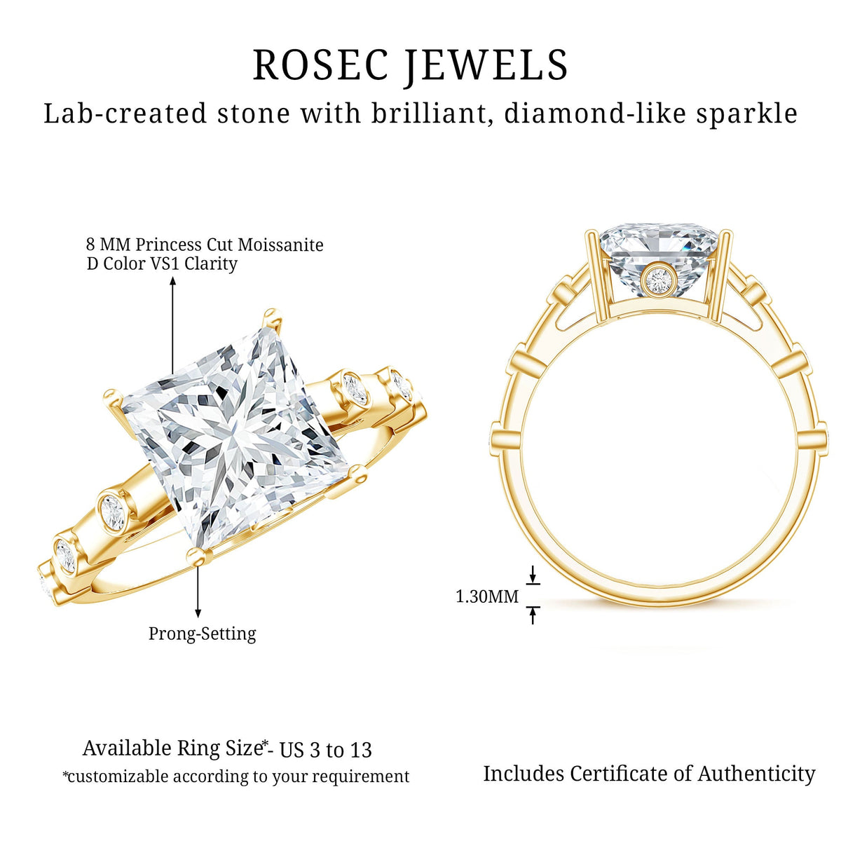 Princess Cut Moissanite Solitaire Engagement Ring with Spaced Accent