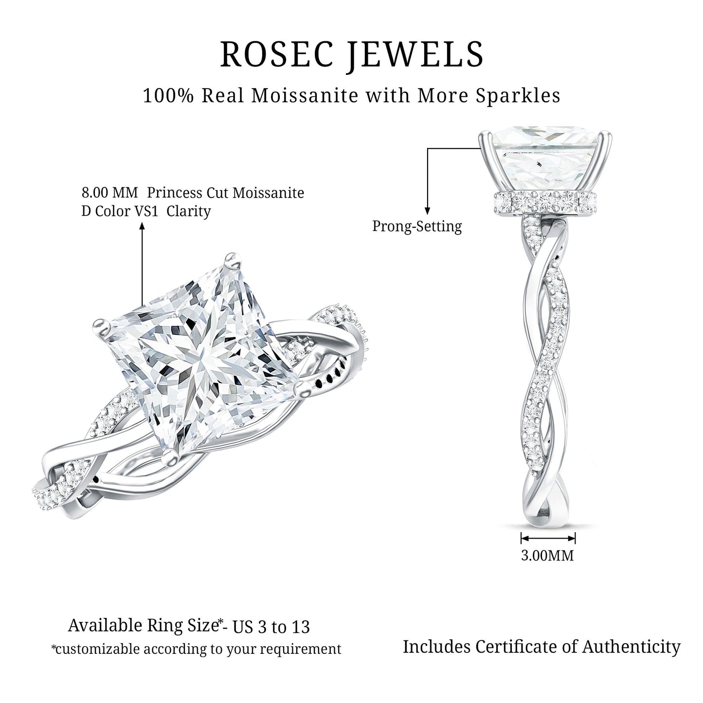 Certified 3 Carat Moissanite Princess Cut Engagement Ring with Braided Shank