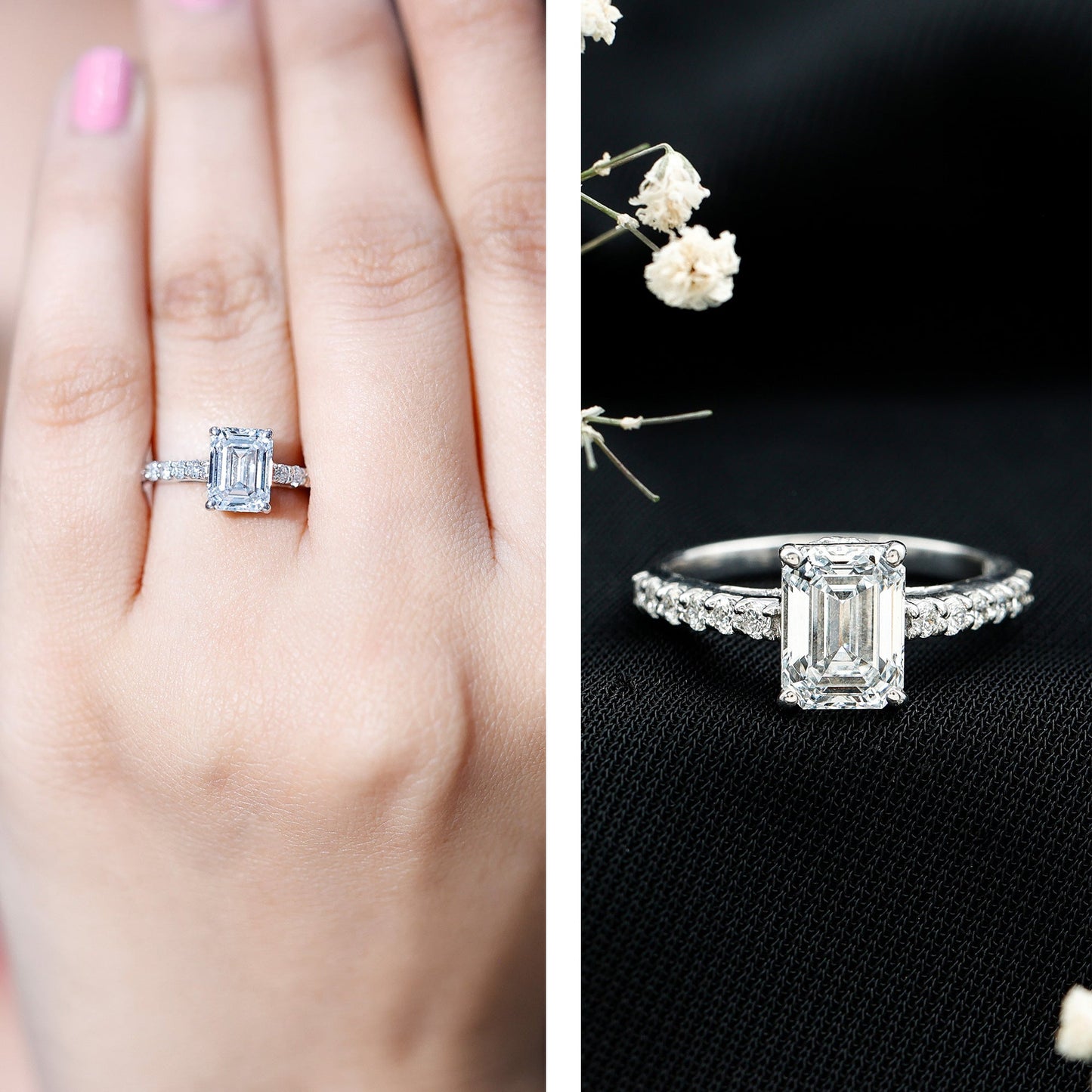 Certified Moissanite Emerald Cut Engagement Ring with Hidden Halo