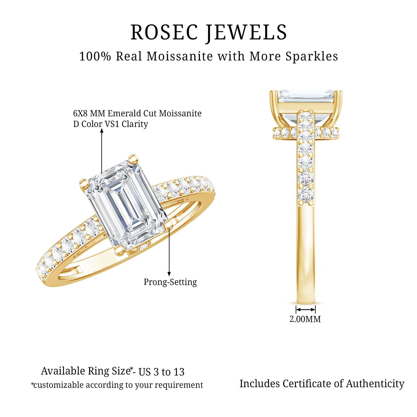 Certified Moissanite Emerald Cut Engagement Ring with Hidden Halo