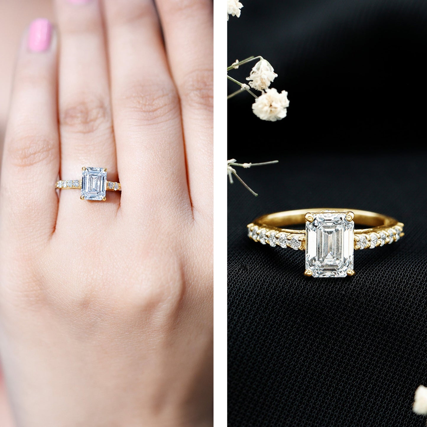 Certified Moissanite Emerald Cut Engagement Ring with Hidden Halo