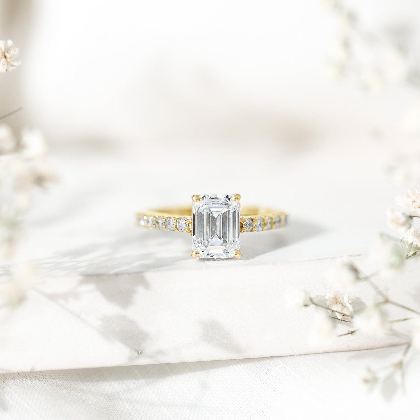 Certified Moissanite Emerald Cut Engagement Ring with Hidden Halo