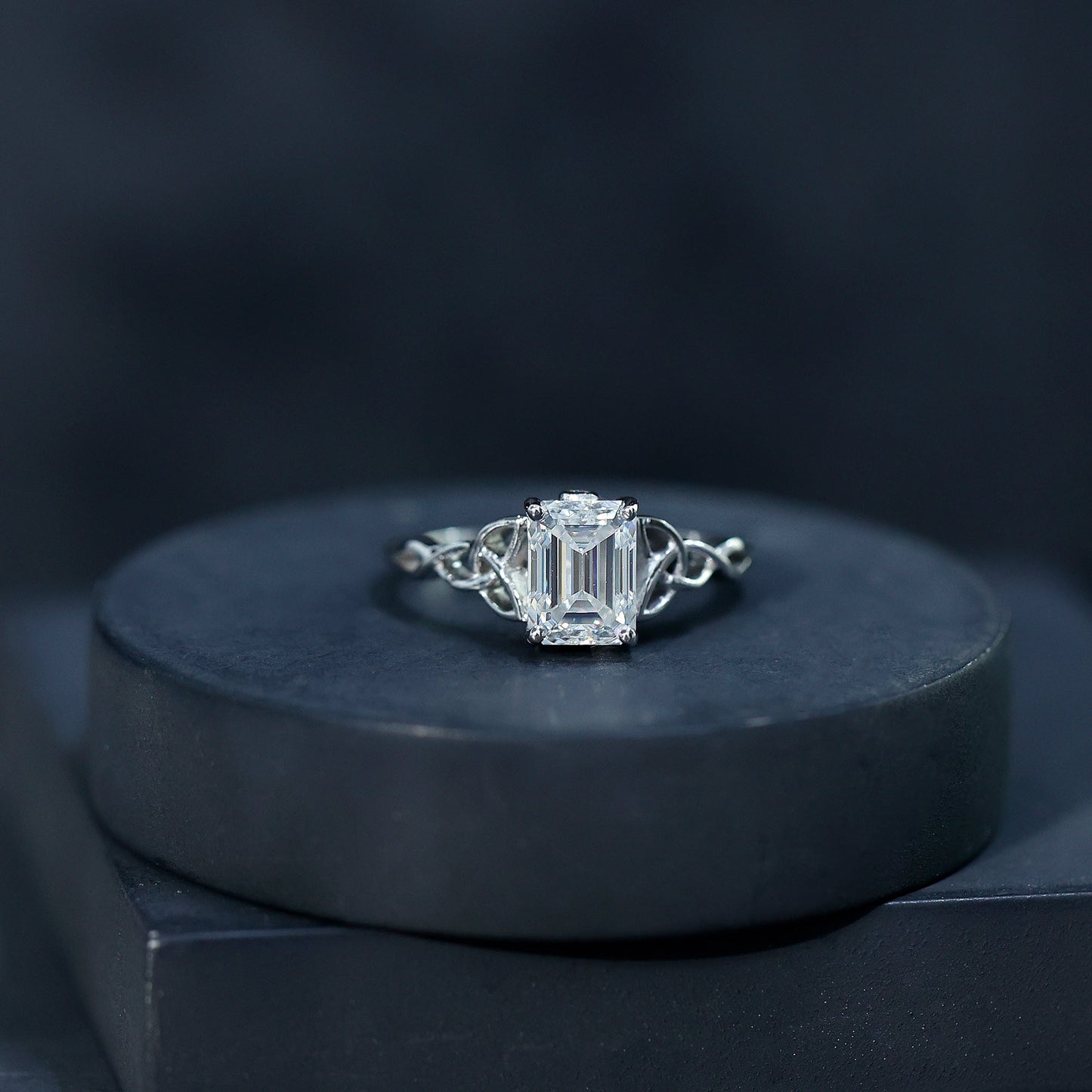 1.8 Carat Emerald Cut Moissanite Engagement Ring with Celtic Details