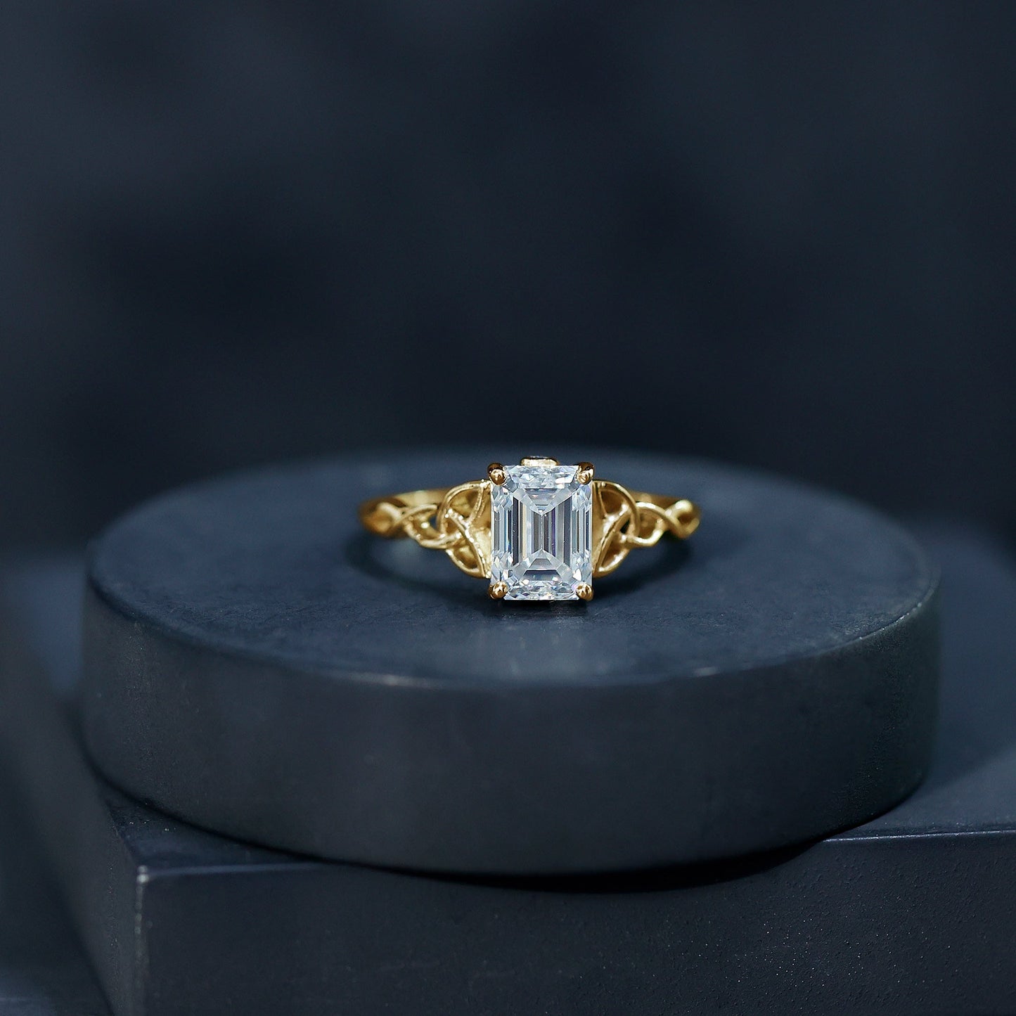 1.8 Carat Emerald Cut Moissanite Engagement Ring with Celtic Details