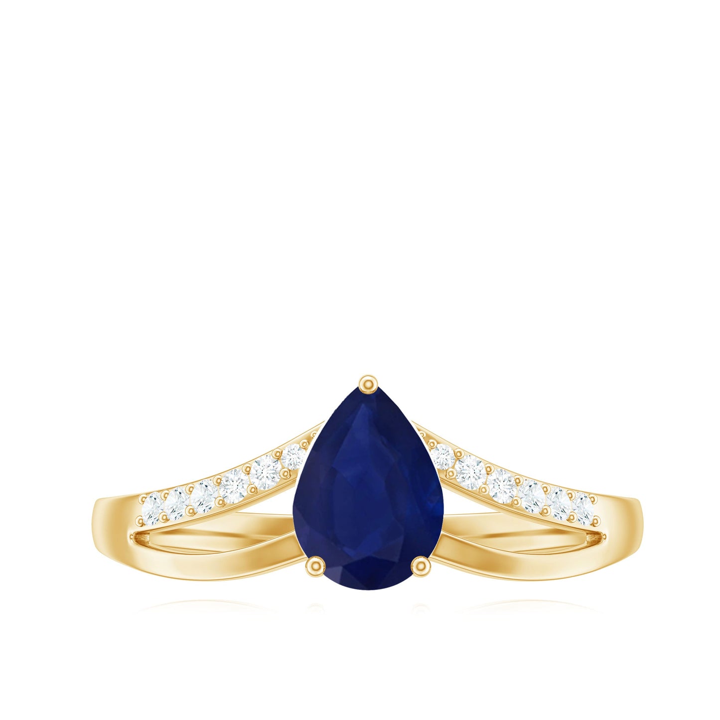 Pear Cut Solitaire Blue Sapphire Split Shank Ring with Diamond