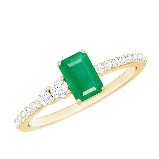 Natural Emerald Cut Emerald Engagement Ring with Diamond Side Stones