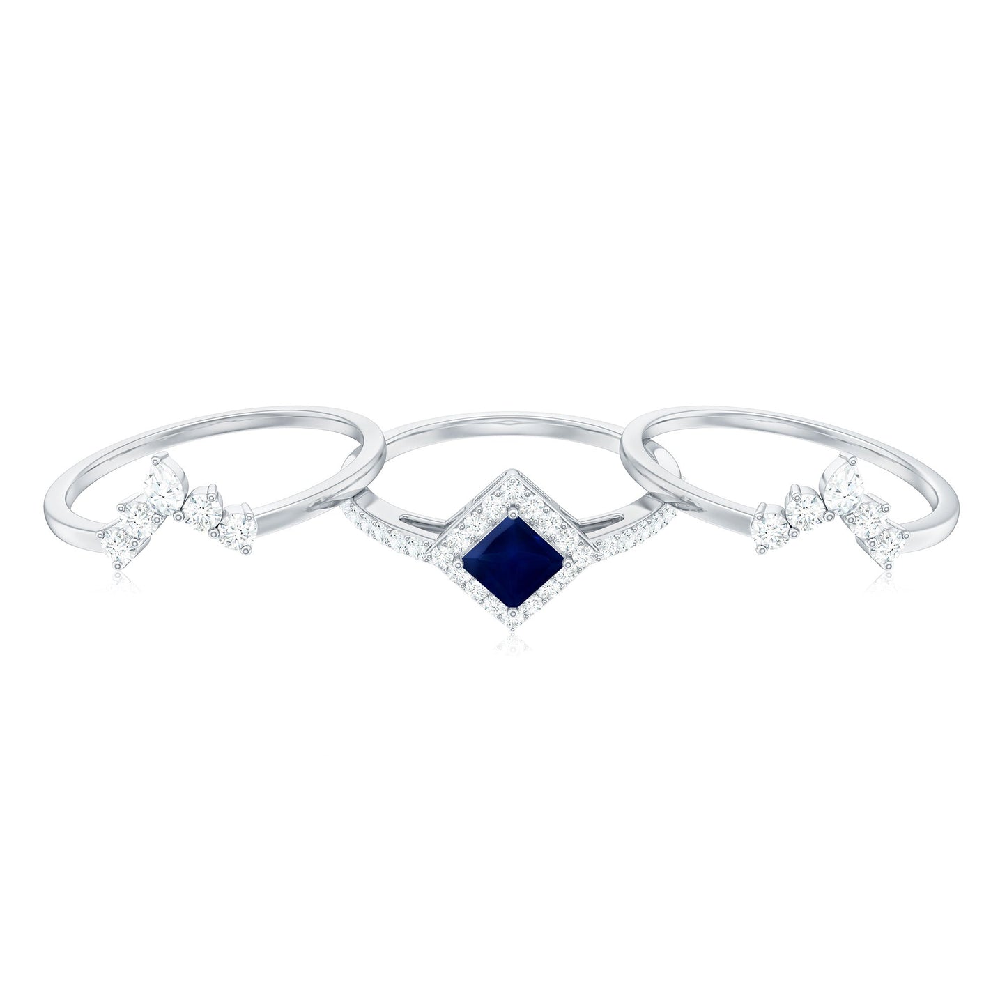 0.4 Carat Princess Cut Blue Sapphire Bridal Ring Set with Moissanite Halo