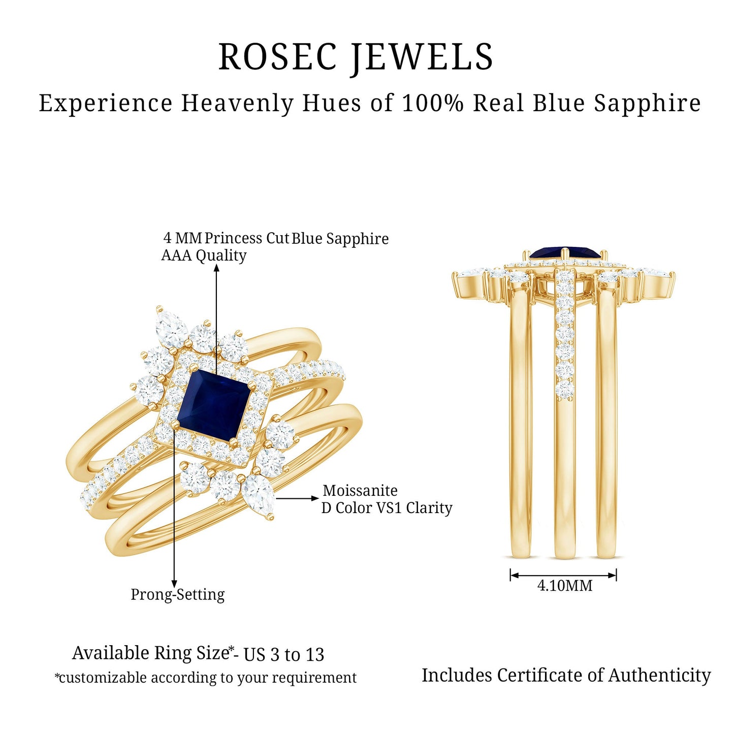 0.4 Carat Princess Cut Blue Sapphire Bridal Ring Set with Moissanite Halo