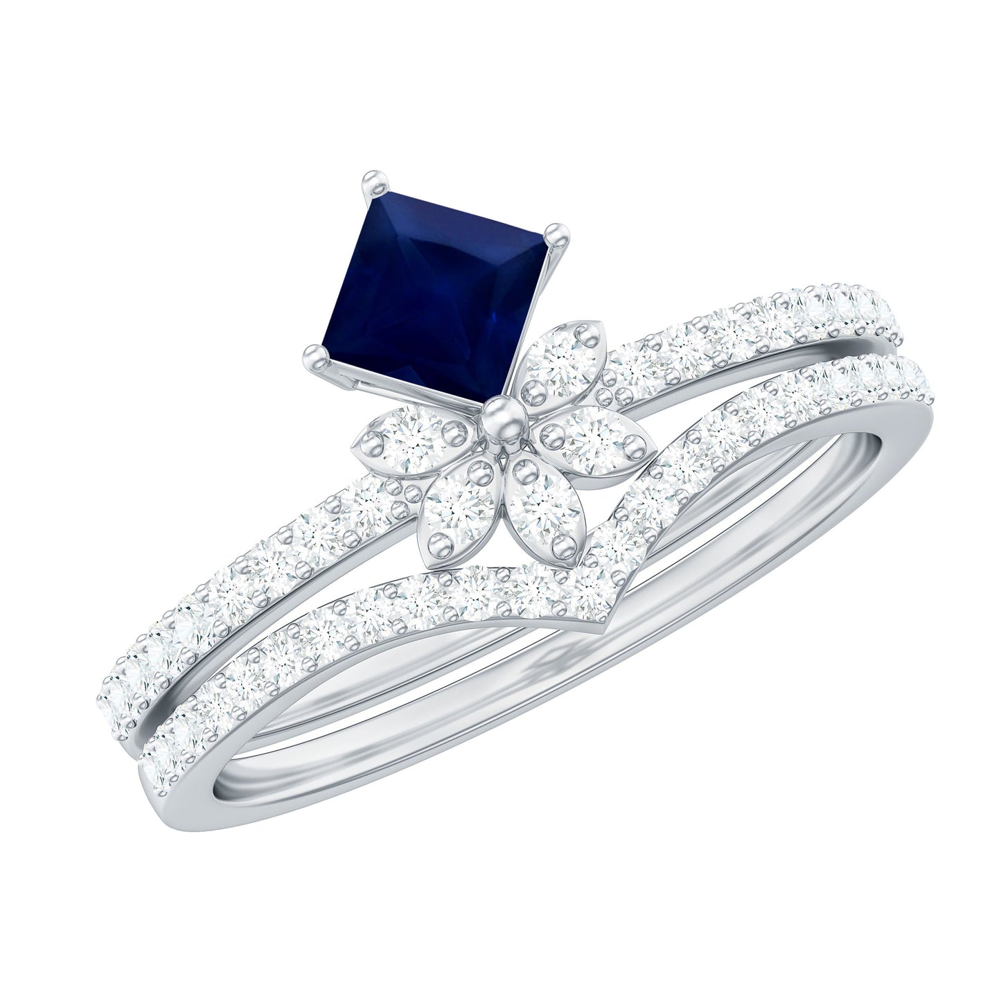 Designer Princess Cut Blue Sapphire and Diamond Flower Wedding Ring Set