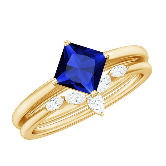 Certified Lab Grown Blue Sapphire Princess Cut Engagement Ring Set with Diamond