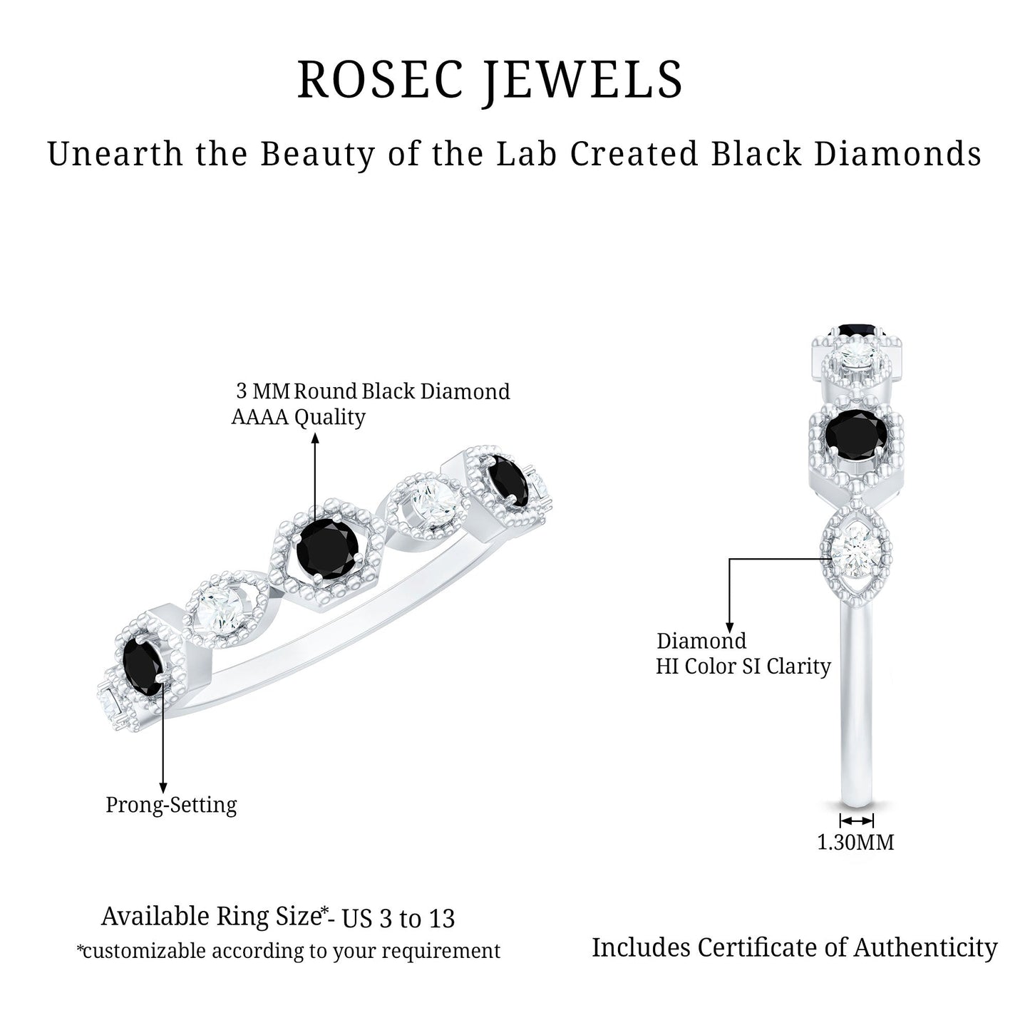 Certified Lab Grown Black and White Diamond Half Eternity Ring