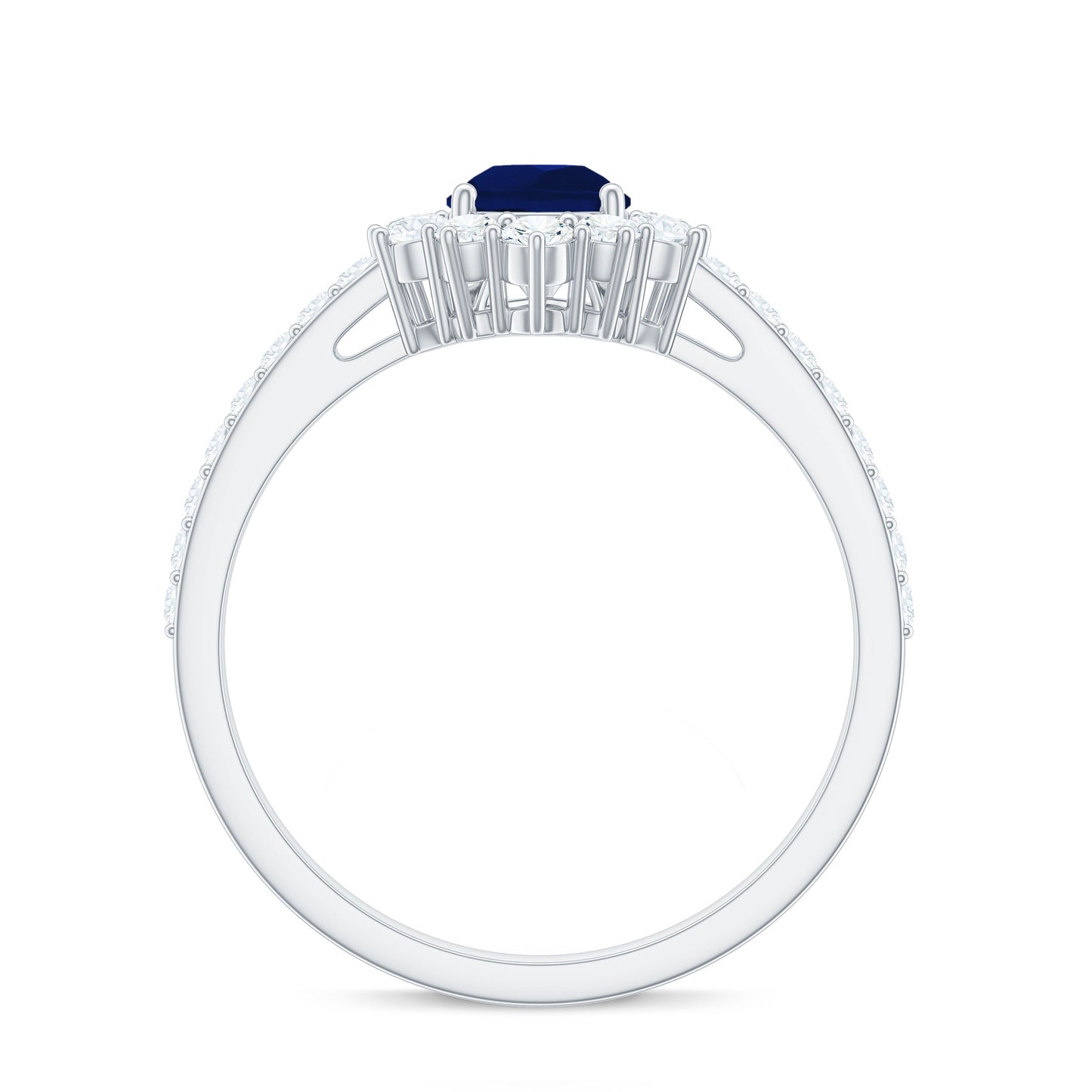 0.5 Carat Pear Shaped Blue Sapphire and Diamond Half Halo Engagement Ring