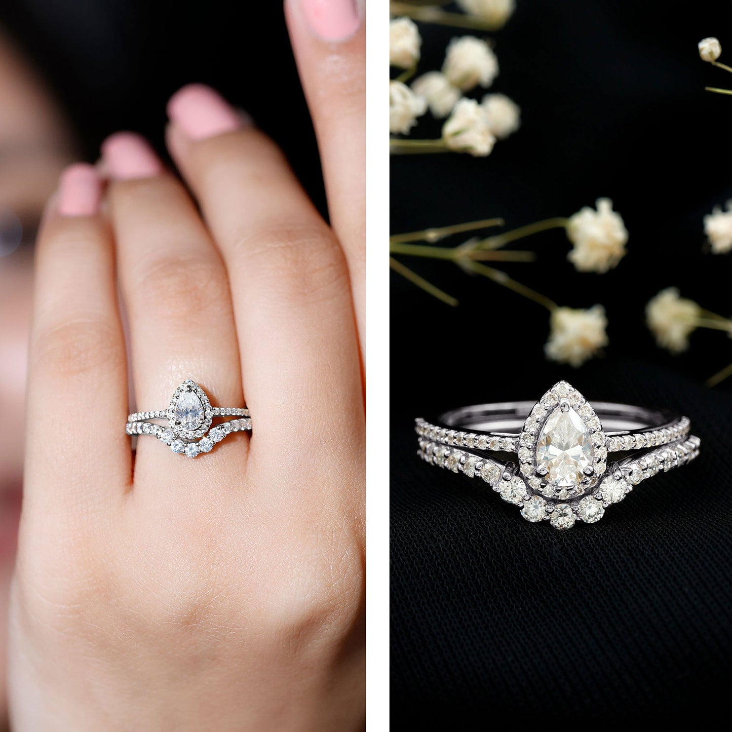 0.5 Carat Certified Moissanite Teardrop Bridal Ring Set with Halo