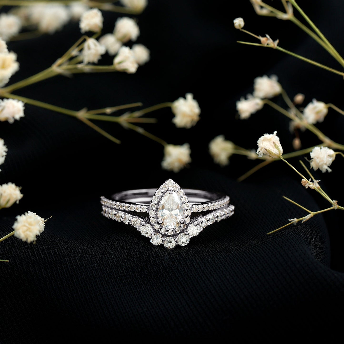0.5 Carat Certified Moissanite Teardrop Bridal Ring Set with Halo