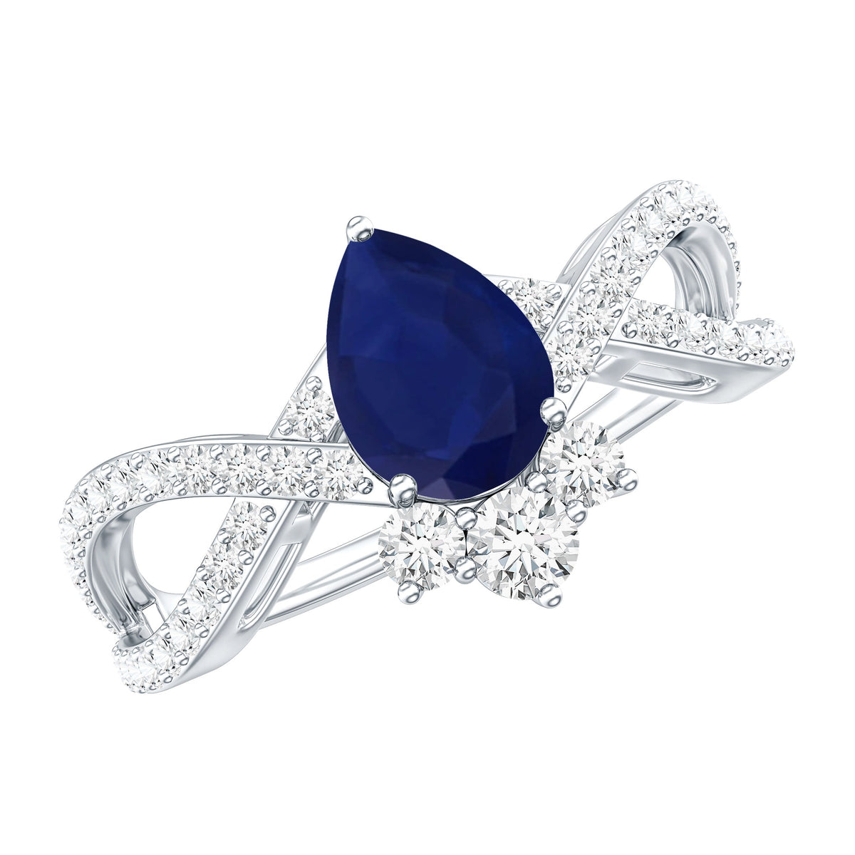 Real 0.5 Blue Sapphire Pear Shape Engagement Ring with Diamond Crossover