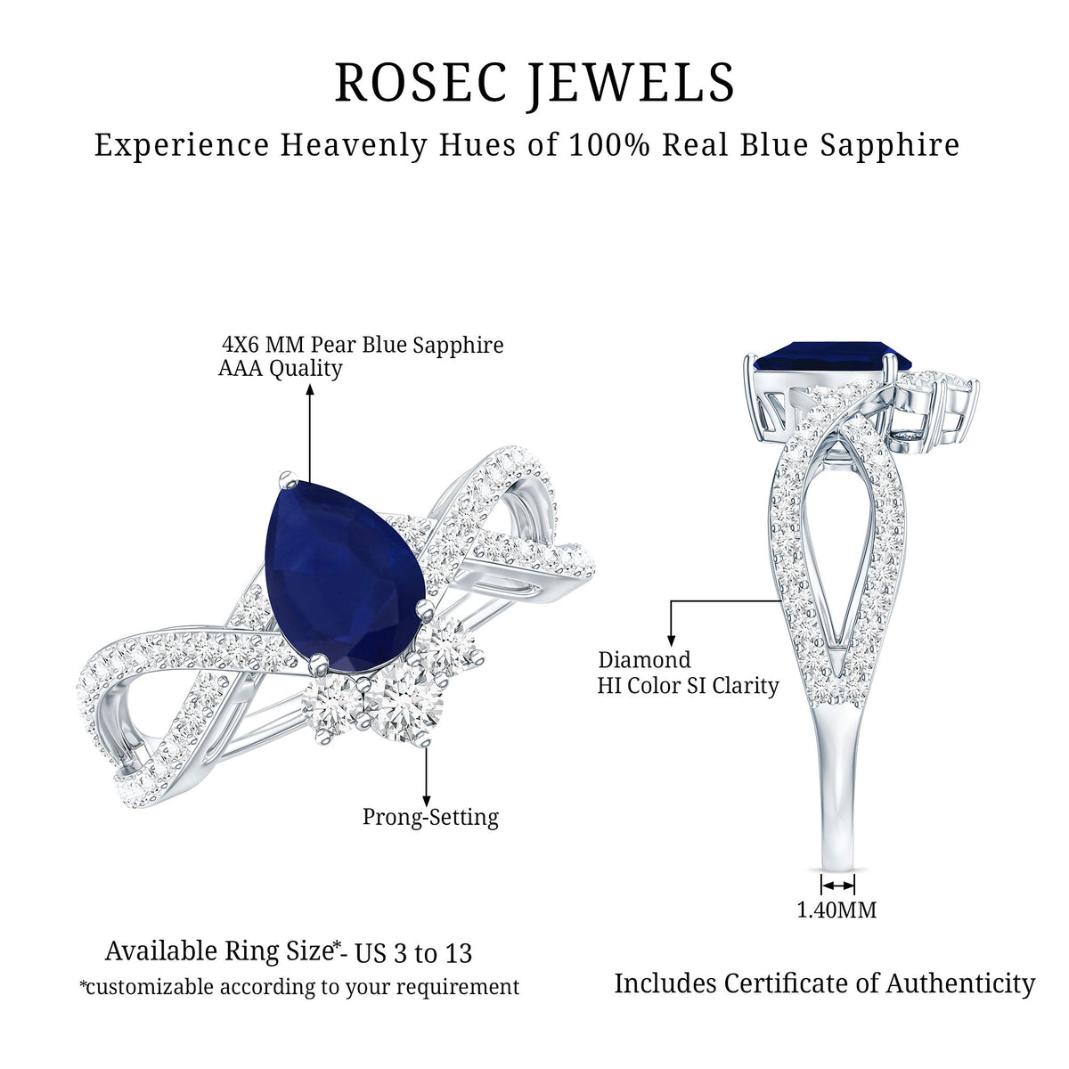 Real 0.5 Blue Sapphire Pear Shape Engagement Ring with Diamond Crossover
