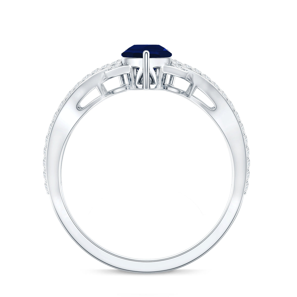Real 0.5 Blue Sapphire Pear Shape Engagement Ring with Diamond Crossover