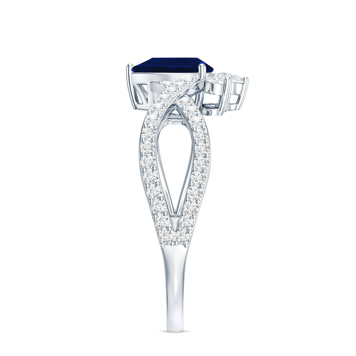Real 0.5 Blue Sapphire Pear Shape Engagement Ring with Diamond Crossover