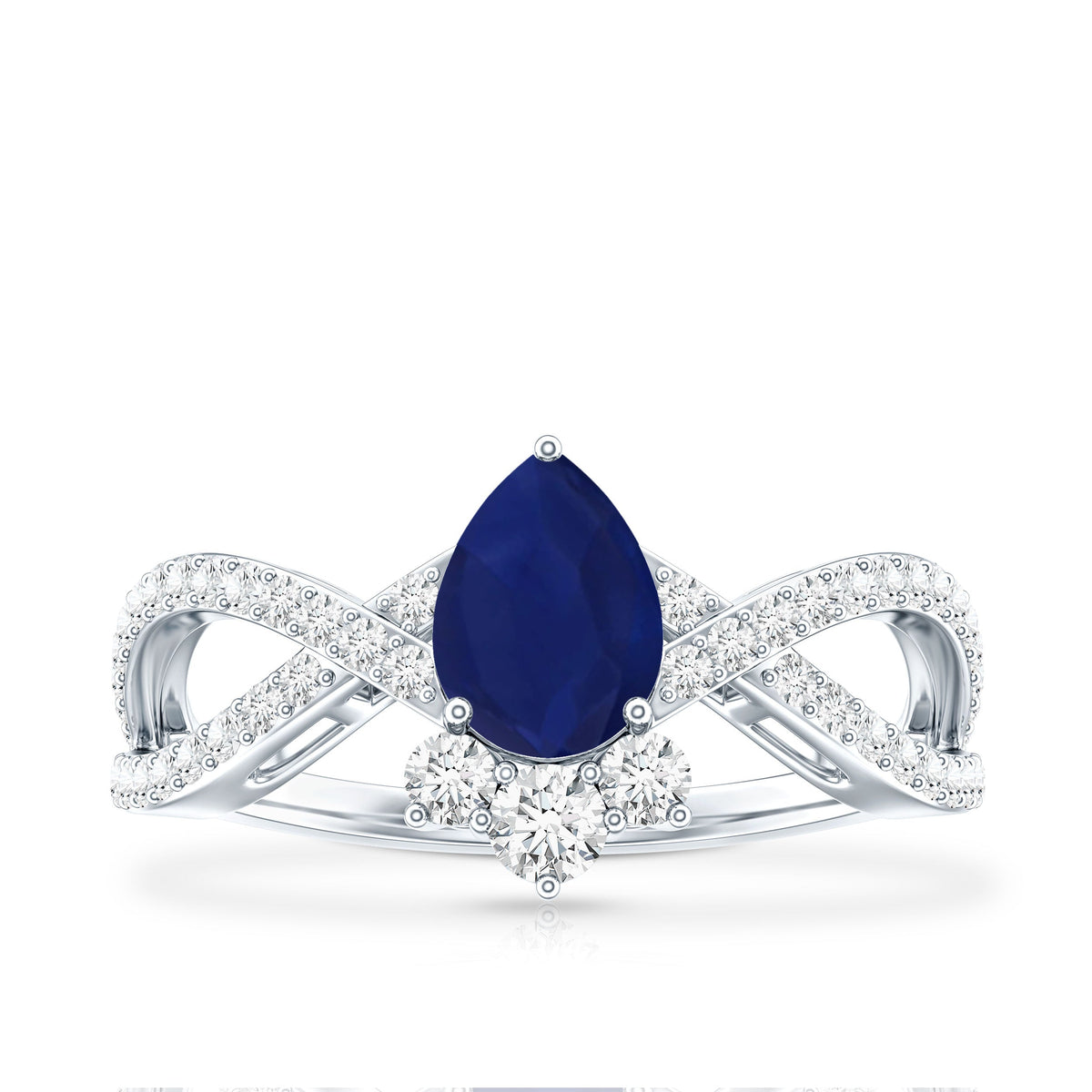 Real 0.5 Blue Sapphire Pear Shape Engagement Ring with Diamond Crossover