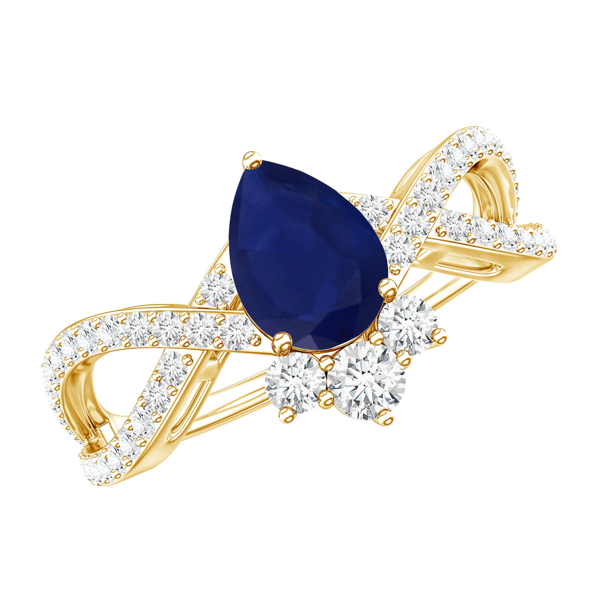 Real 0.5 Blue Sapphire Pear Shape Engagement Ring with Diamond Crossover