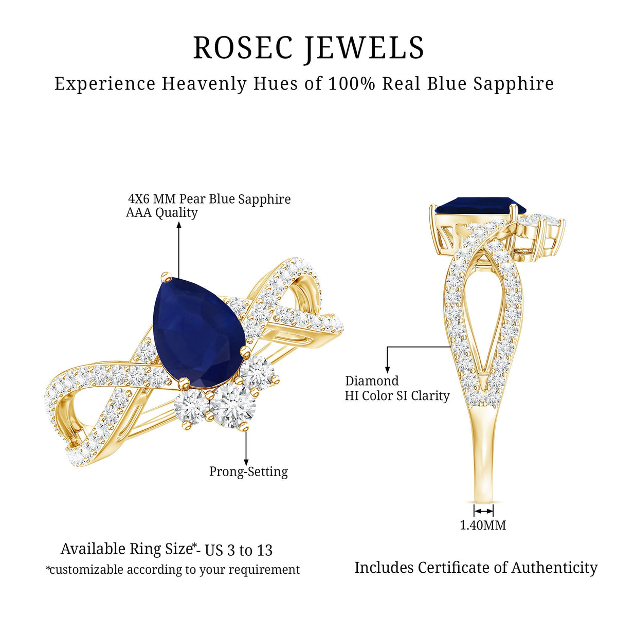 Real 0.5 Blue Sapphire Pear Shape Engagement Ring with Diamond Crossover