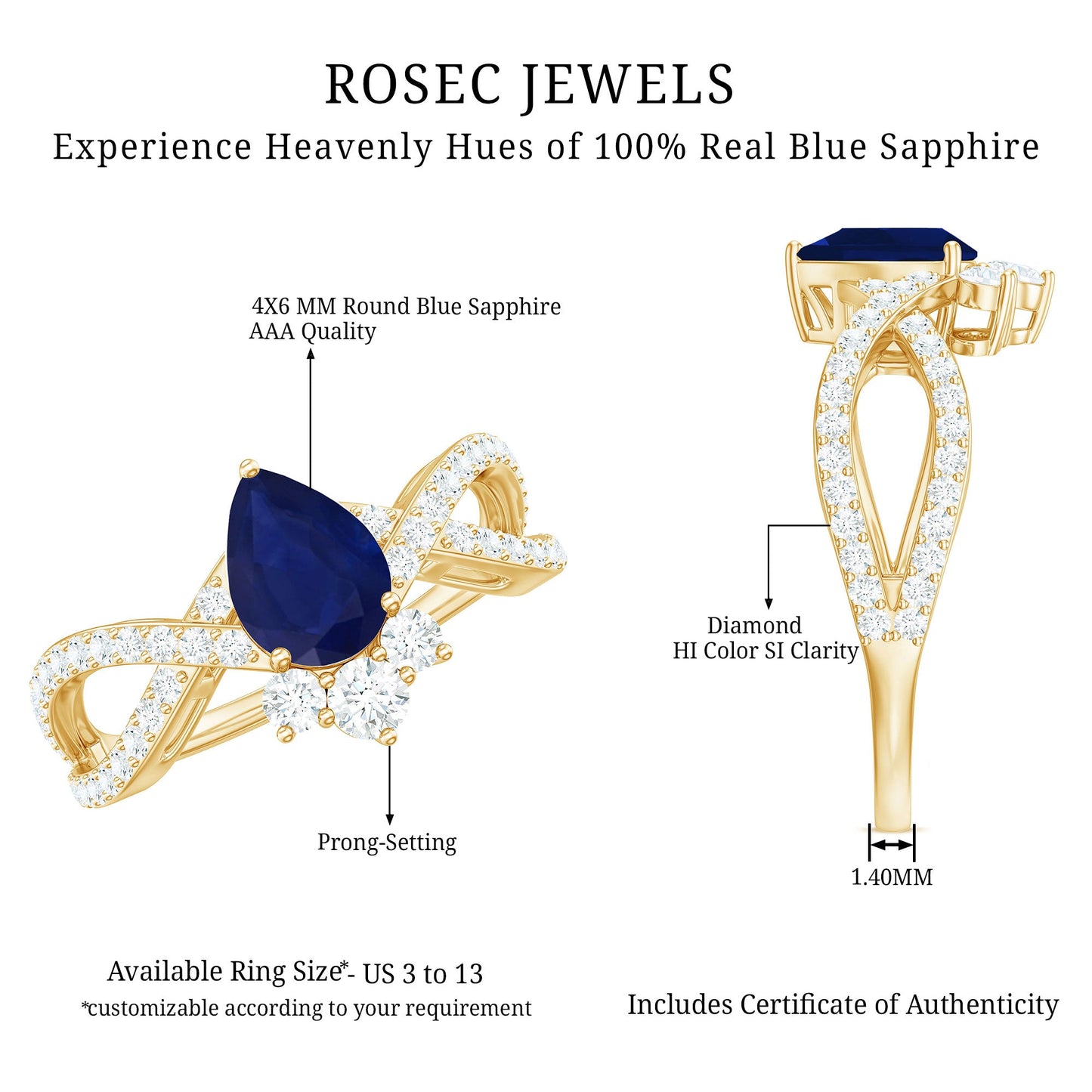 Real 0.5 Blue Sapphire Pear Shape Engagement Ring with Diamond Crossover