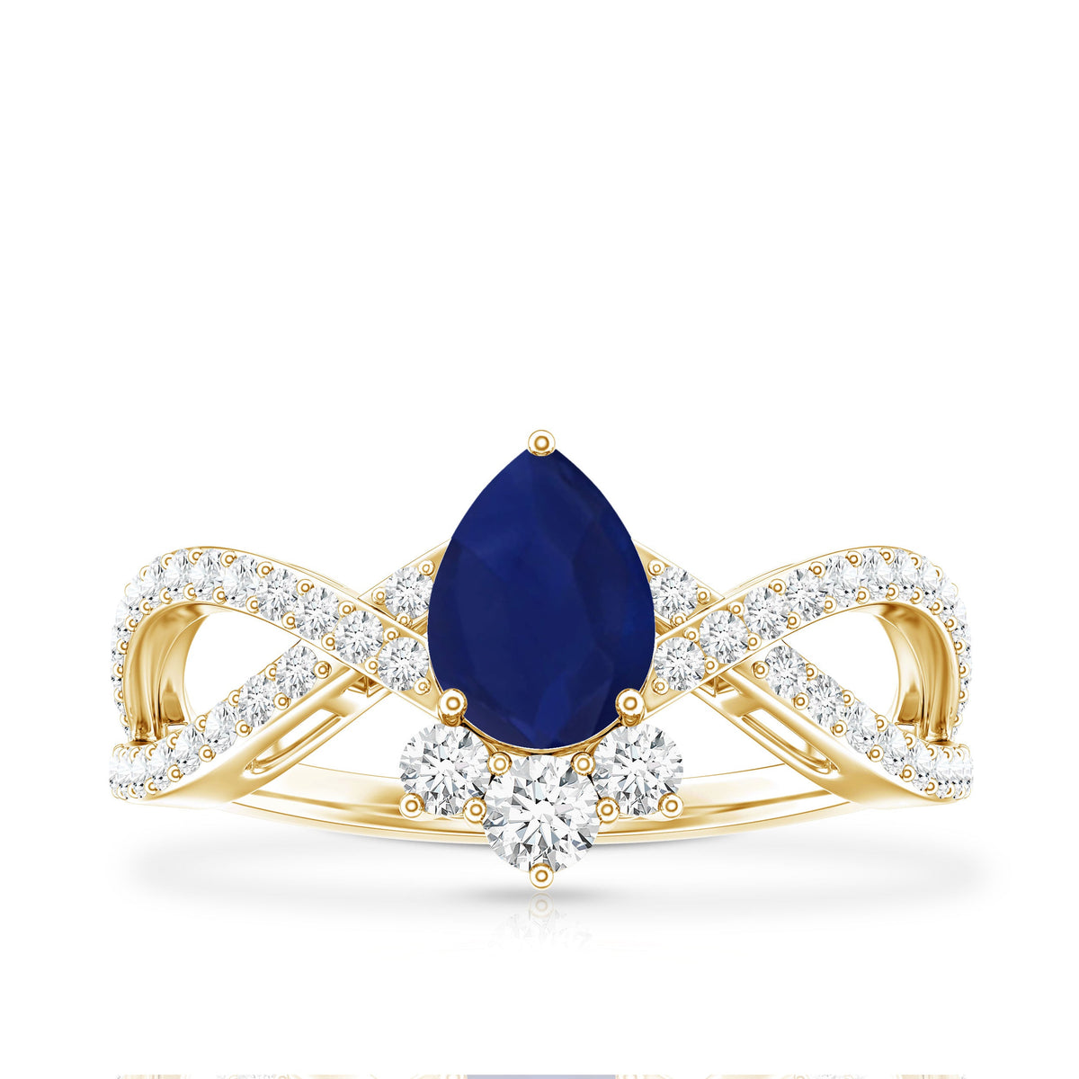 Real 0.5 Blue Sapphire Pear Shape Engagement Ring with Diamond Crossover