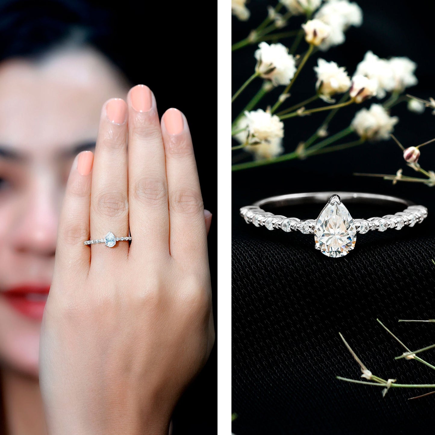 Beaded Bezel Set Moissanite Pear Engagement Ring