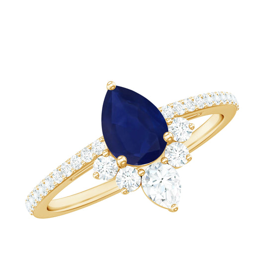 Certified 0.5 Carat Pear Shaped Blue Sapphire Crown Engagement Ring with Diamond
