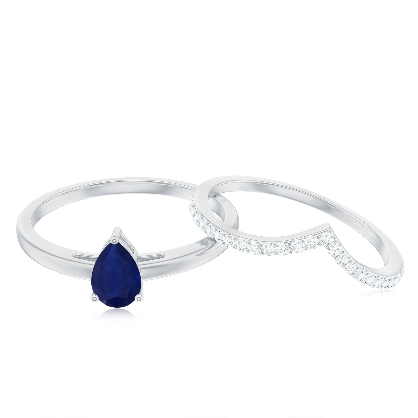 0.5 Carat Pear Cut Blue Sapphire Solitaire Ring Set with Diamond Enhancer Band