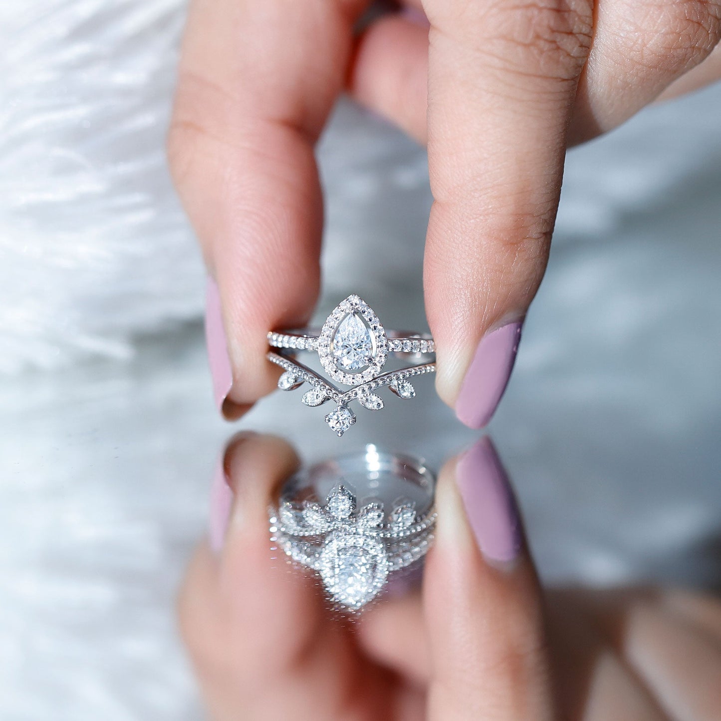 Vintage Style Moissanite Teardrop Wedding Ring Set