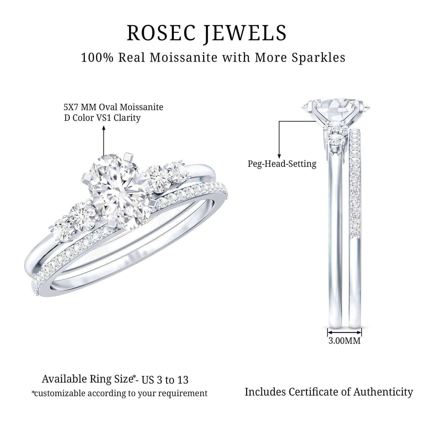 Certified Moissanite Oval Shaped Wedding Ring Set