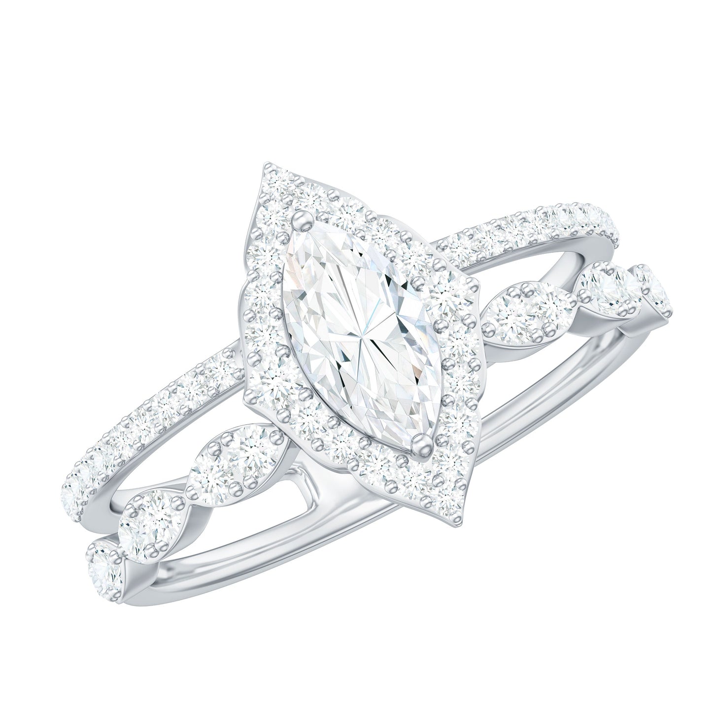 Marquise Cut Moissanite Double Band Engagement Ring with Certificate