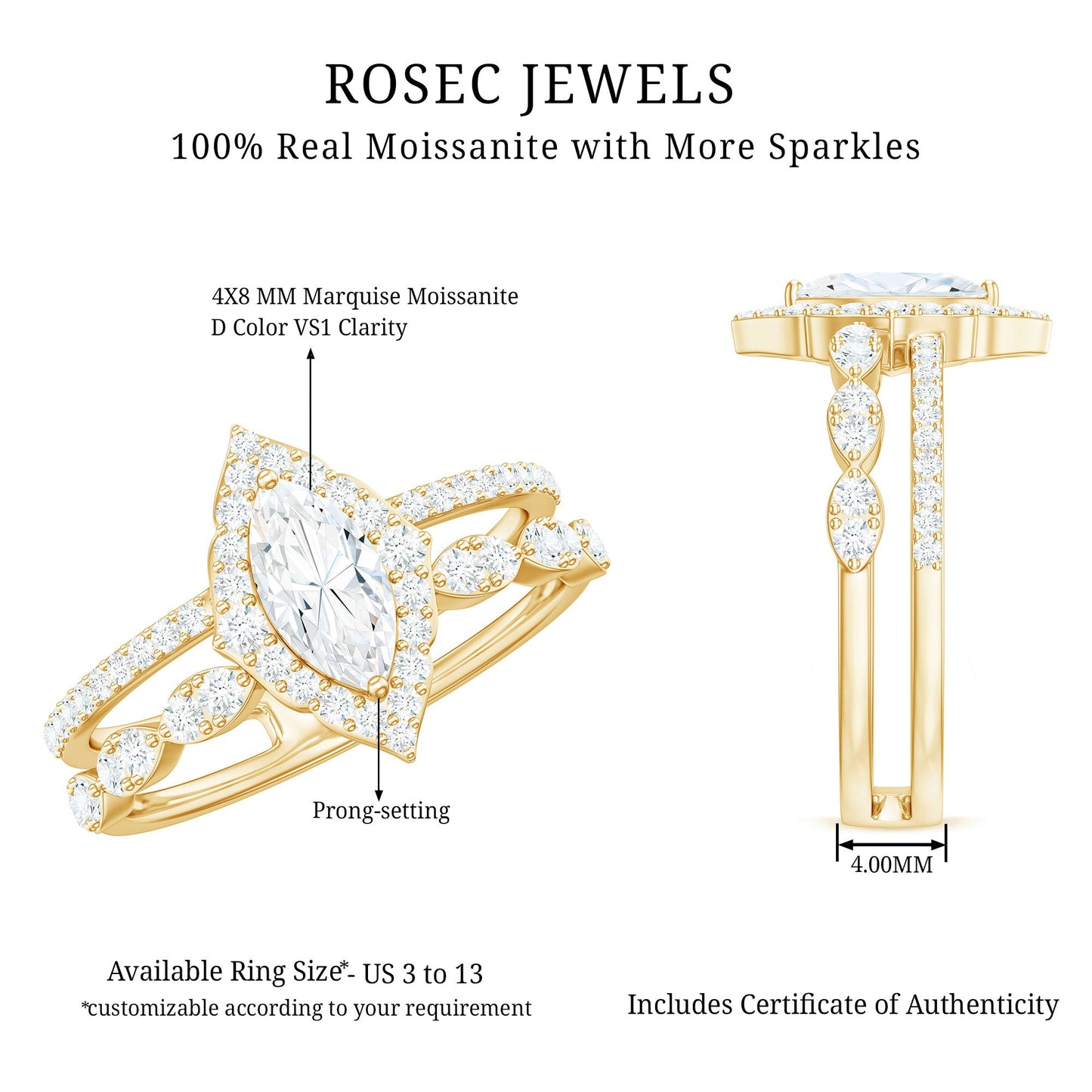 Marquise Cut Moissanite Double Band Engagement Ring with Certificate