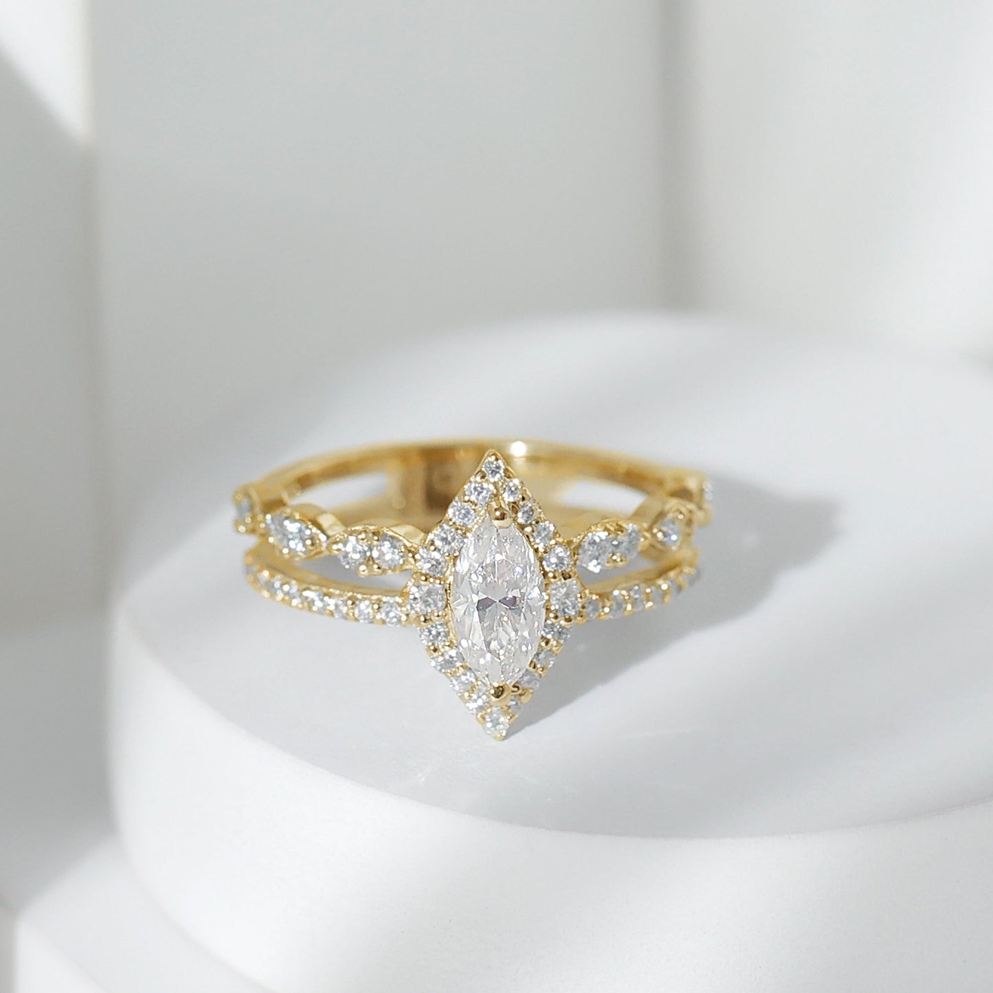 Marquise Cut Moissanite Double Band Engagement Ring with Certificate