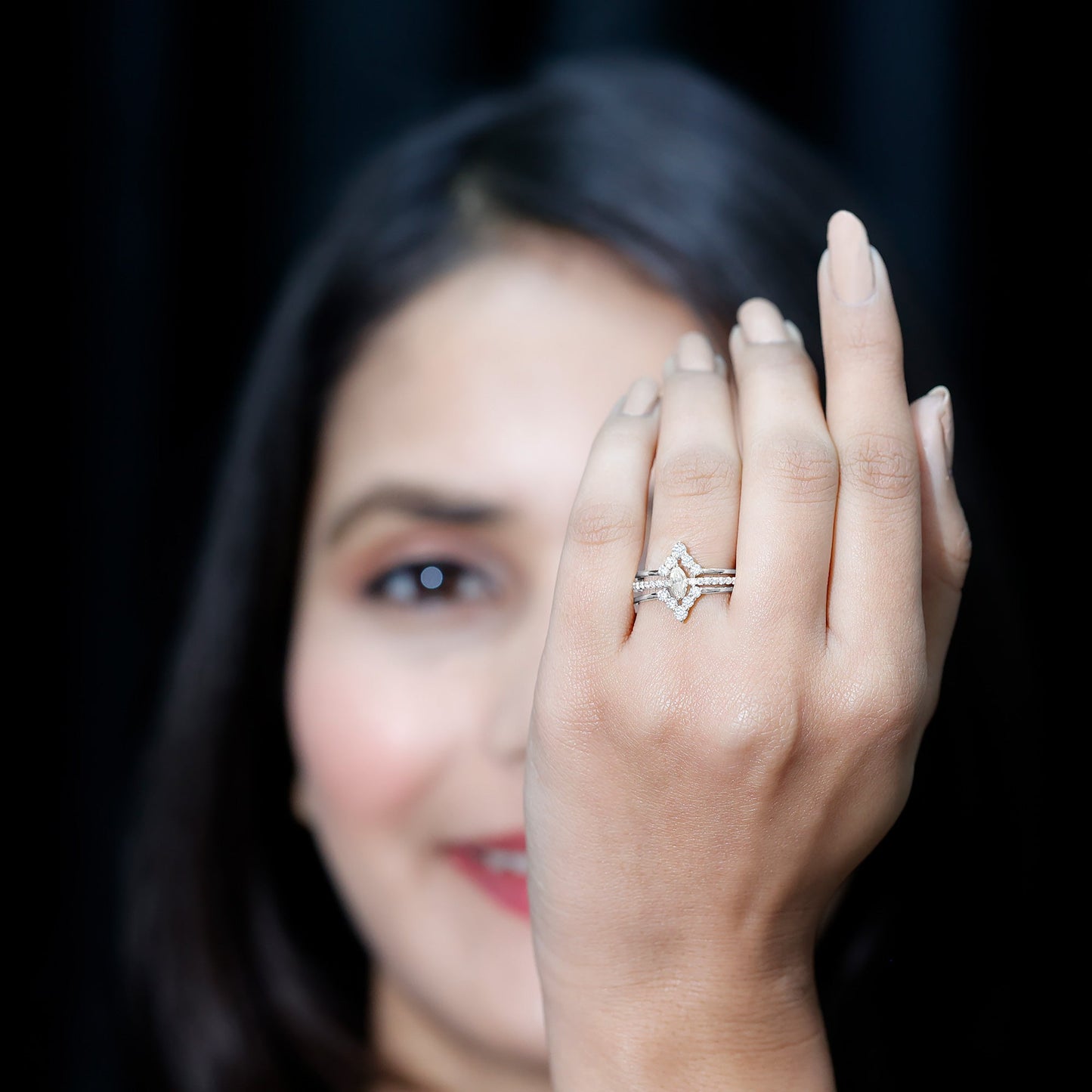 Marquise Cut Moissanite Solitaire Trio Ring Set