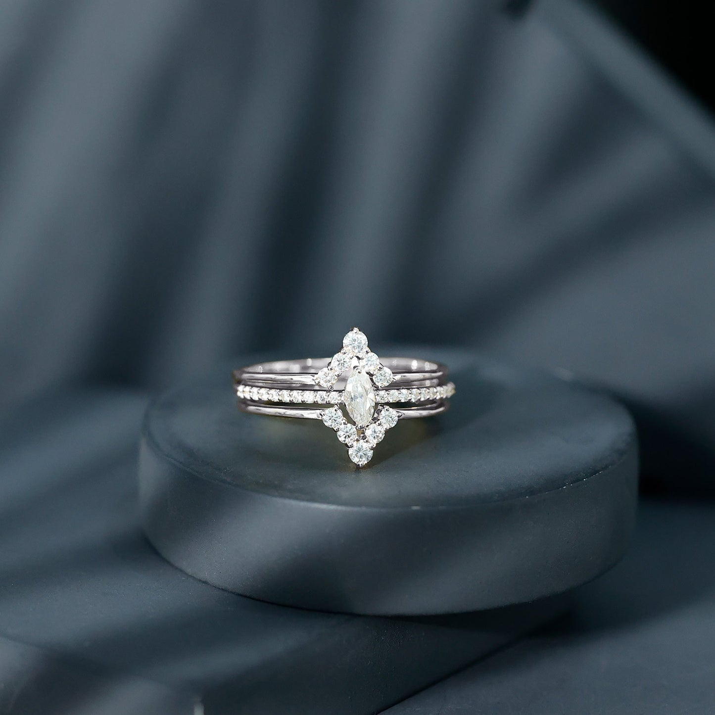 Marquise Cut Moissanite Solitaire Trio Ring Set