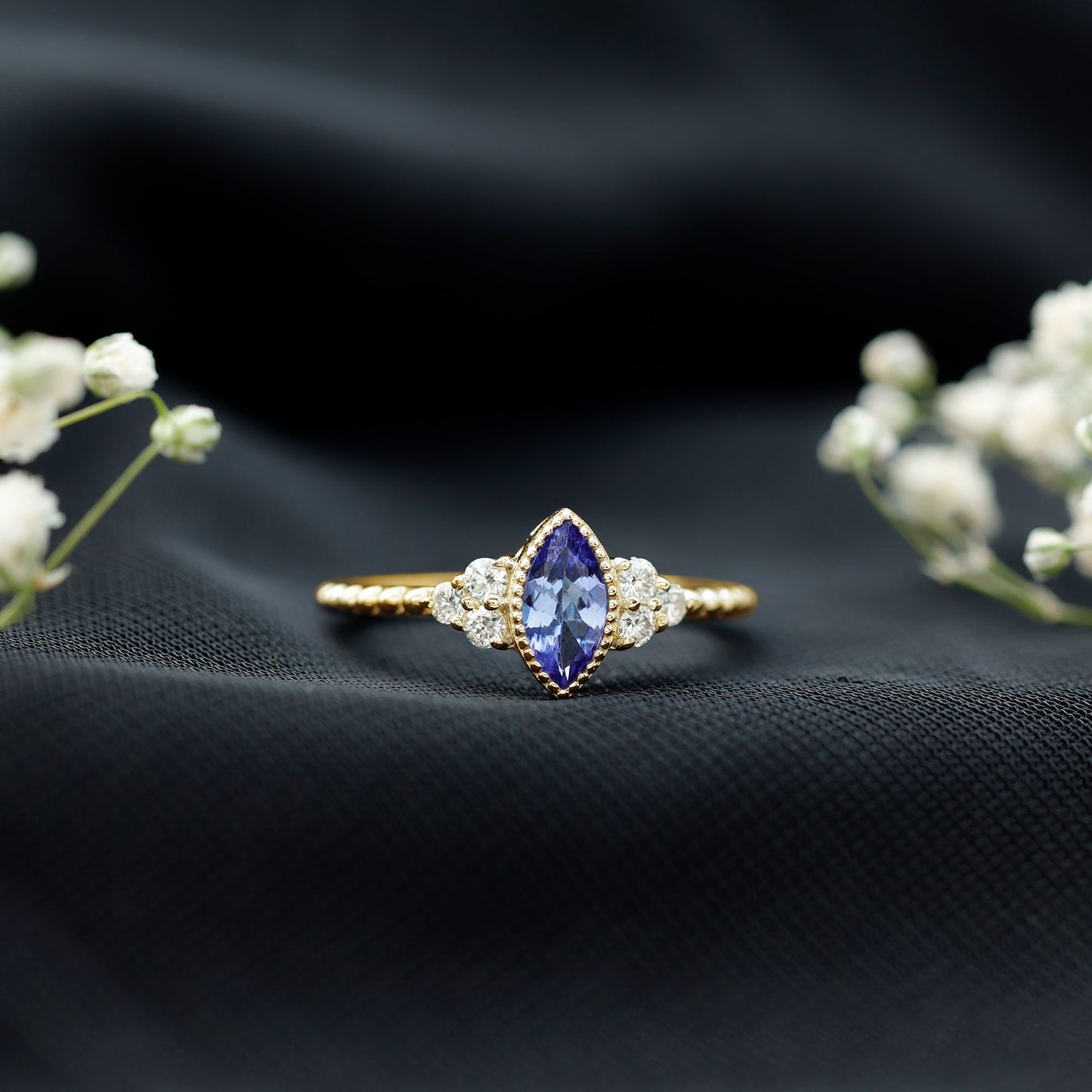 Vintage Style Marquise Tanzanite Promise Ring with Diamond Trio