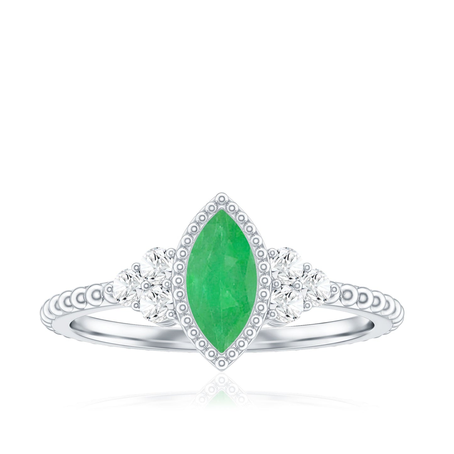 Vintage Inspired Emerald Promise Engagement Ring with Trio Diamond